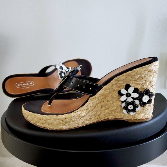 COACH Floral Leather Espadrille Wedge Jesica Sandals - Picture 1 of 16